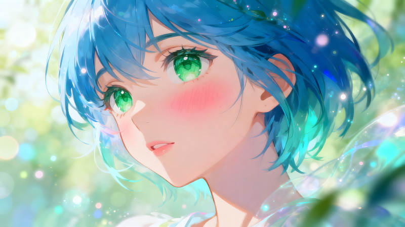 动漫女孩蓝色头发绿色眼睛-图片