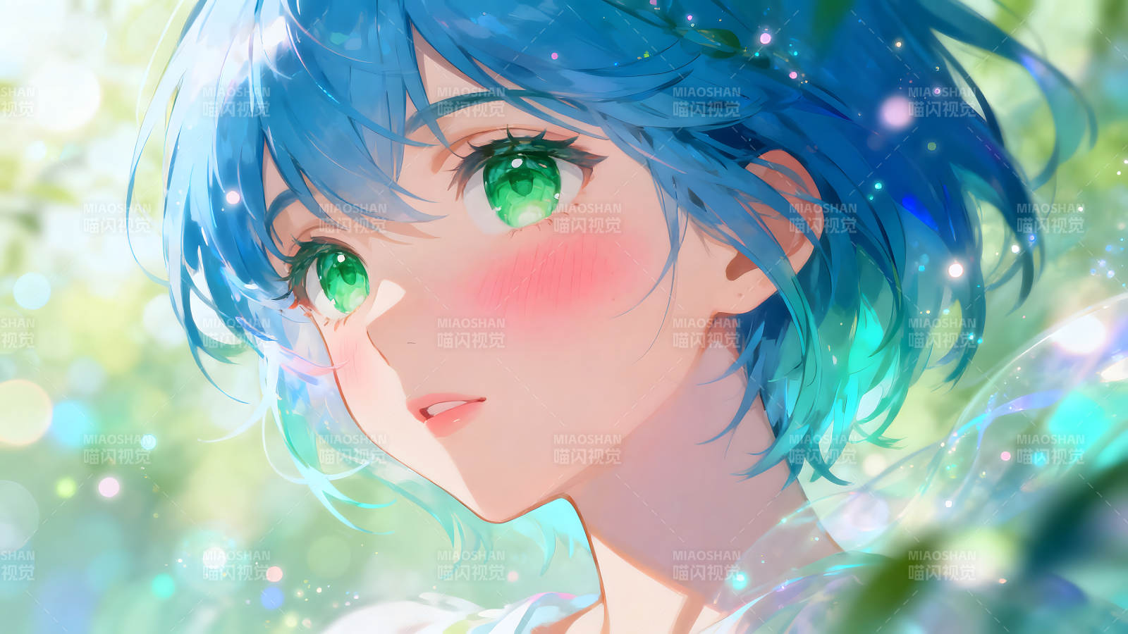 動漫女孩藍色頭發綠色眼睛-圖片
