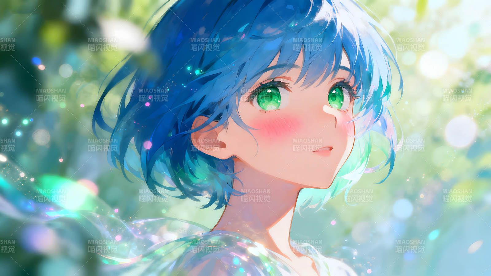 动漫少女蓝发绿眸清新唯美-图片