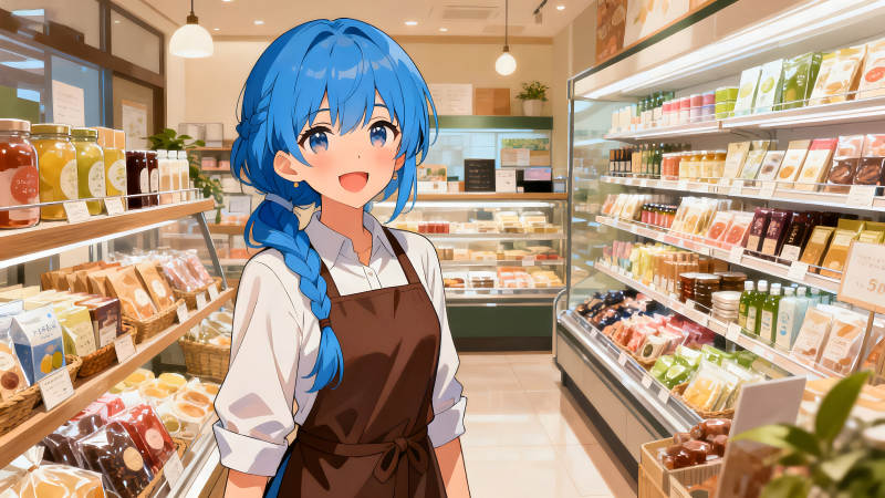 动漫女孩在商店里微笑-图片