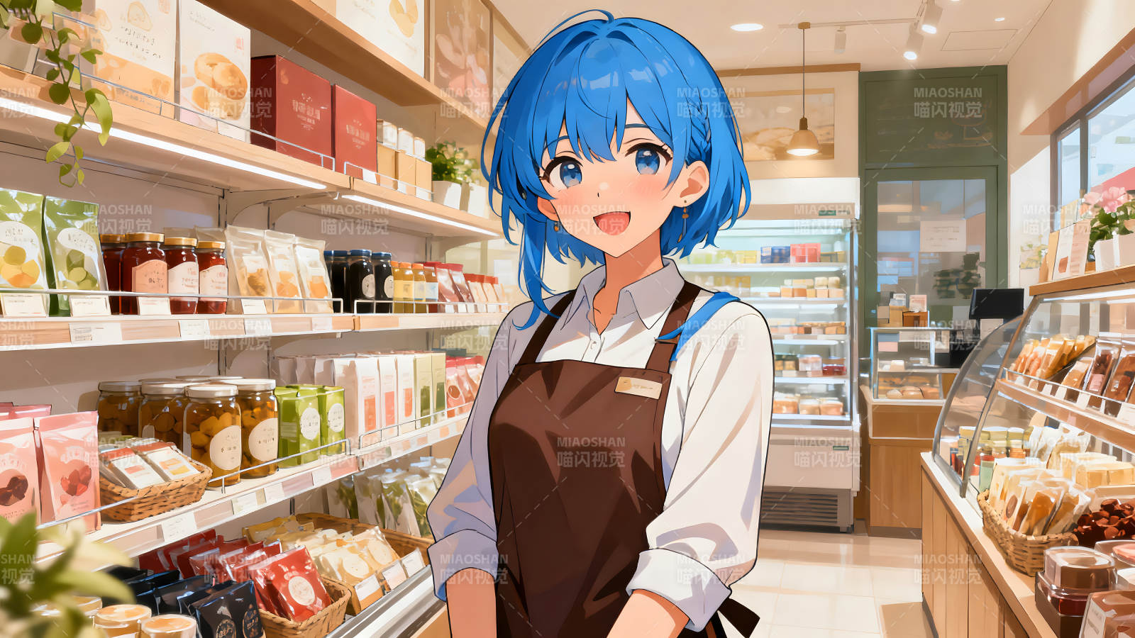 動漫店員微笑服務顧客-圖片