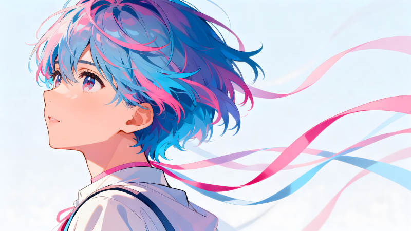 动漫人物仰望天空彩色头发飘带-图片