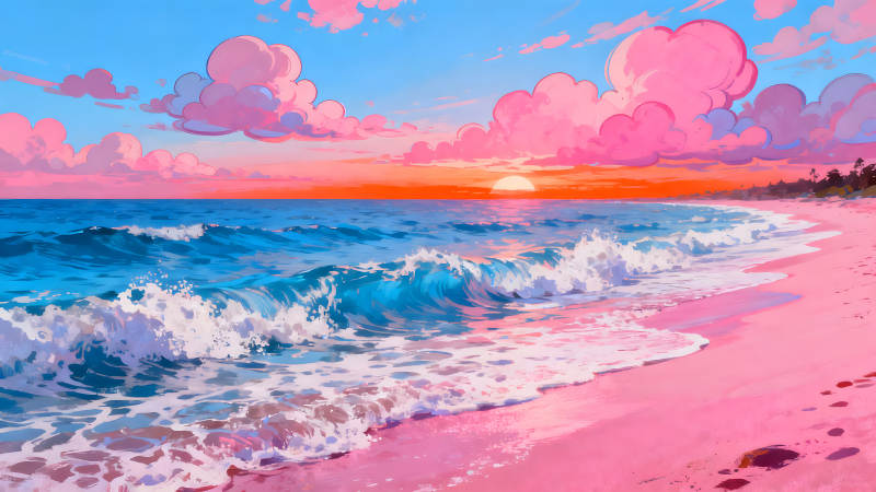 粉色沙灘日落海景圖-圖片