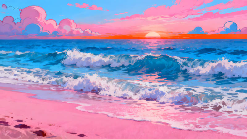 粉色沙灘唯美夕陽下的海浪-圖片