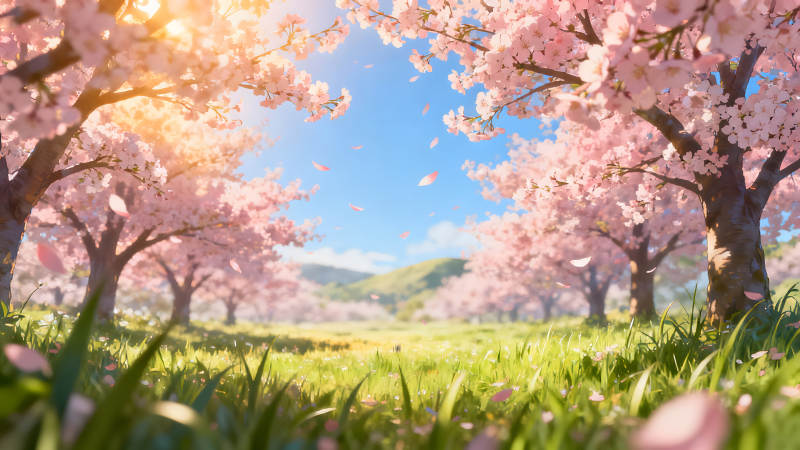 櫻花樹下風景如畫春意盎然生機勃勃-圖片