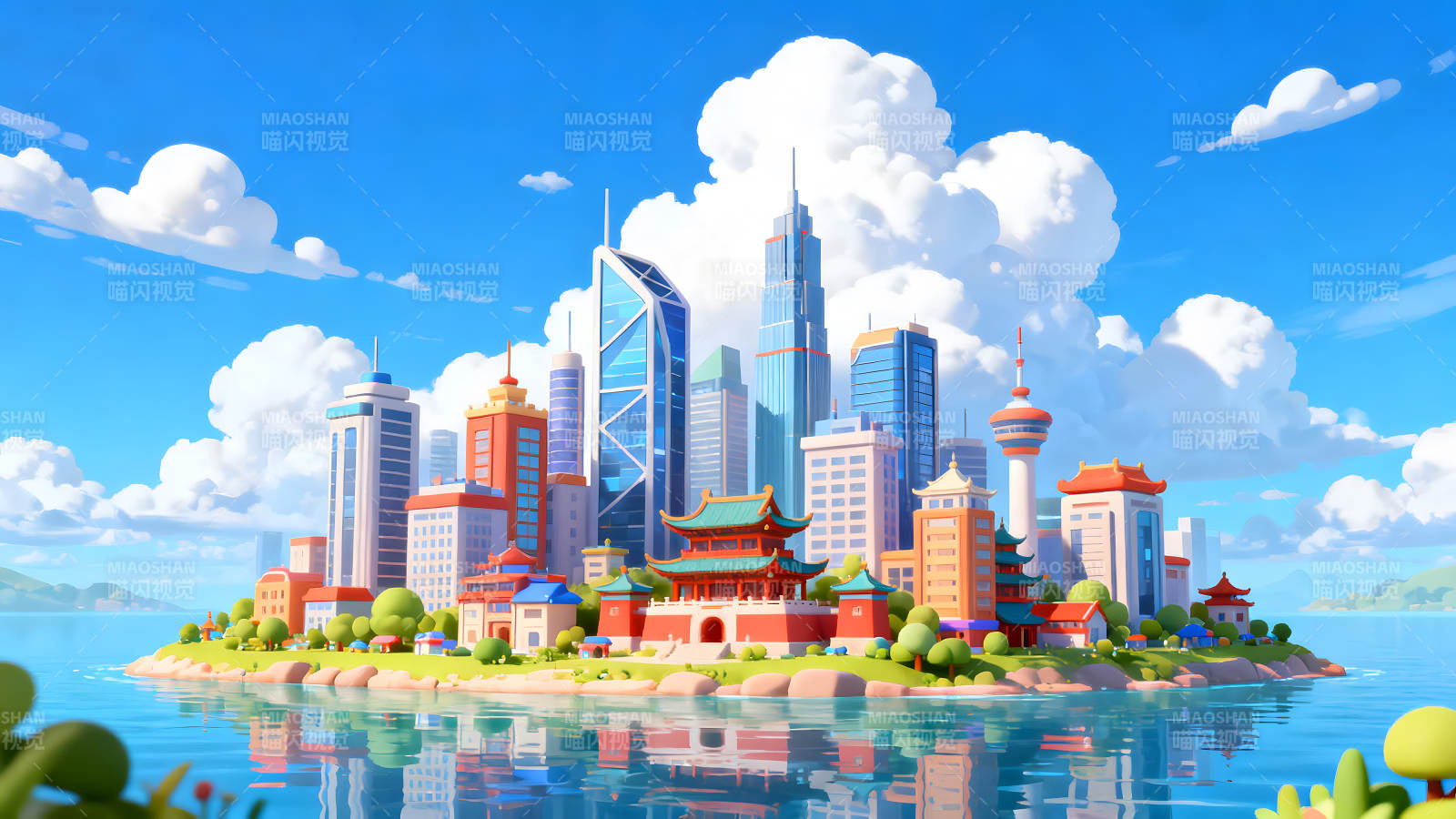 卡通城市風景藍天白云映襯建筑-圖片