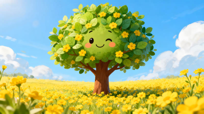 可愛卡通樹在花海中微笑-圖片