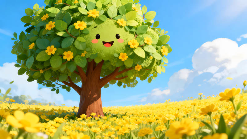 快樂的樹在陽光明媚的田野里-圖片