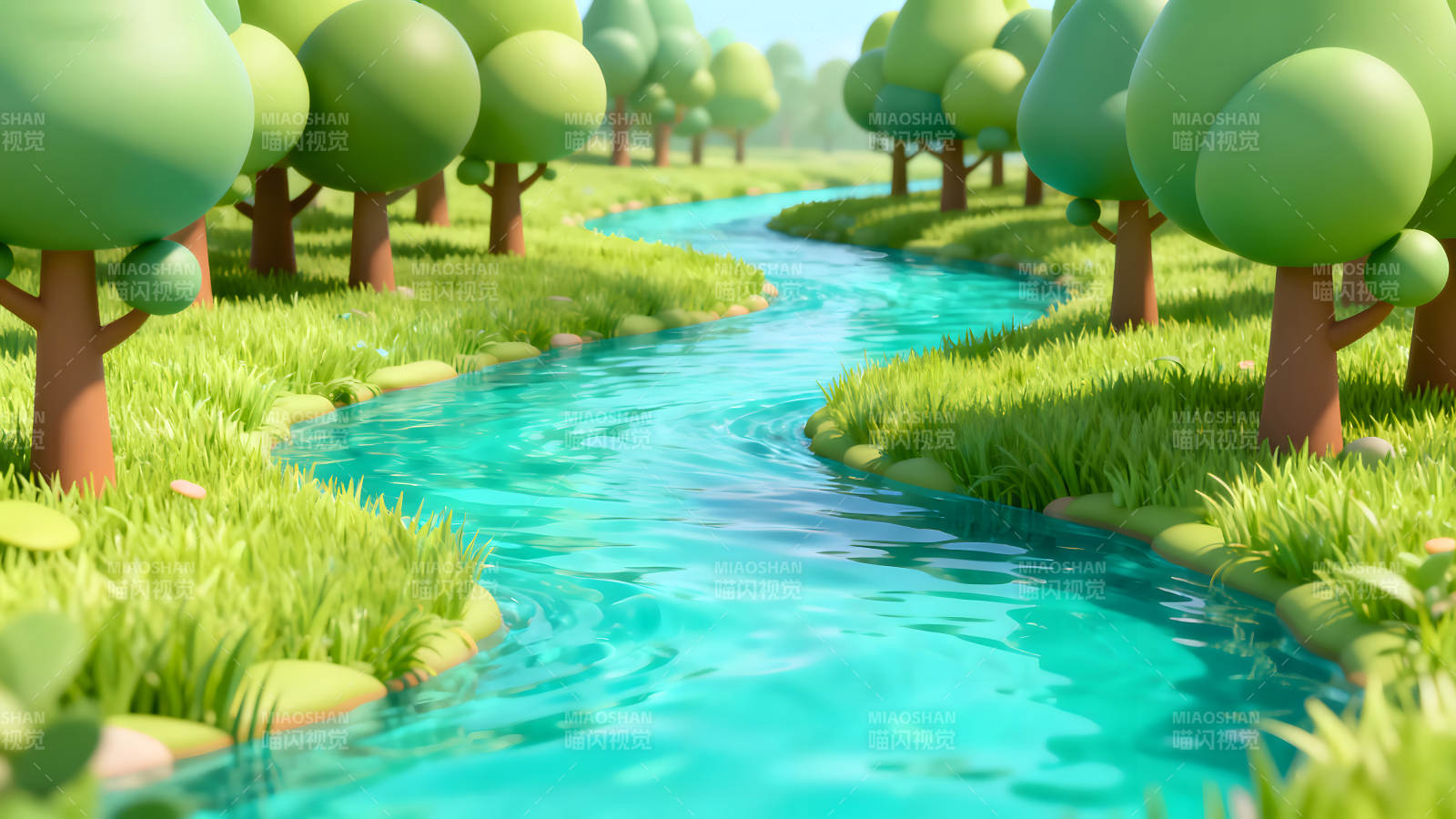 卡通風格的河流穿過森林-圖片