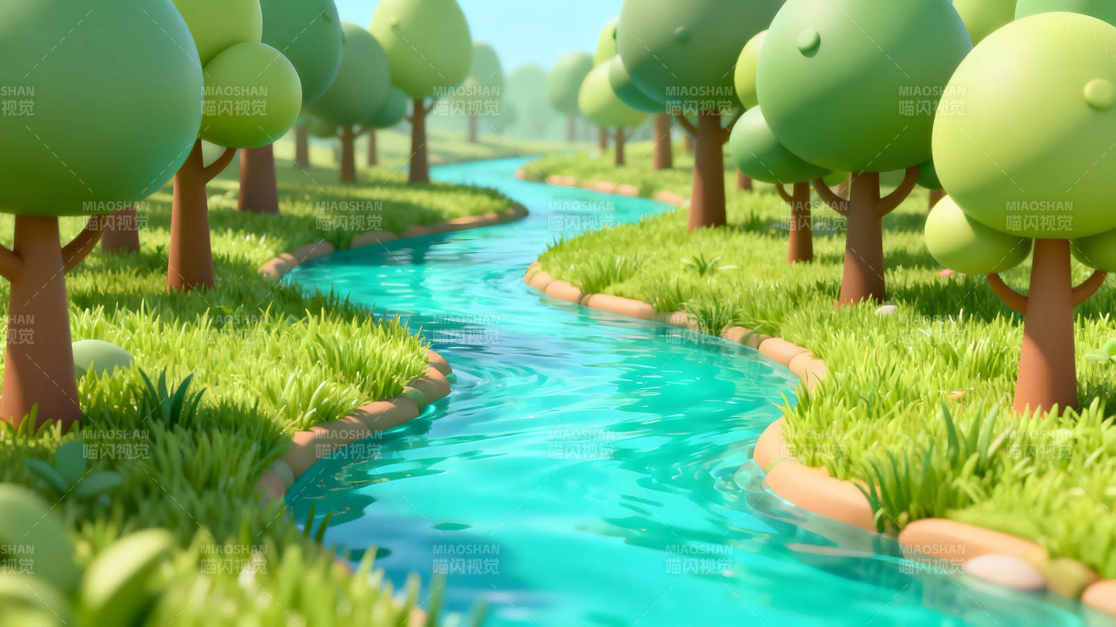 卡通風(fēng)格的河流與樹木場景-圖片