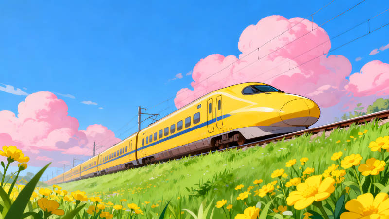 明媚陽光下的黃色列車-圖片