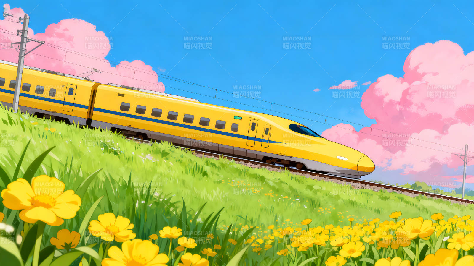 黃色列車穿過綠色草原在藍天白云下-圖片