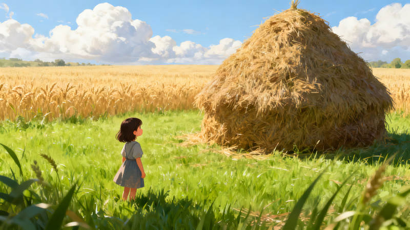 田野女孩稻草垛-圖片