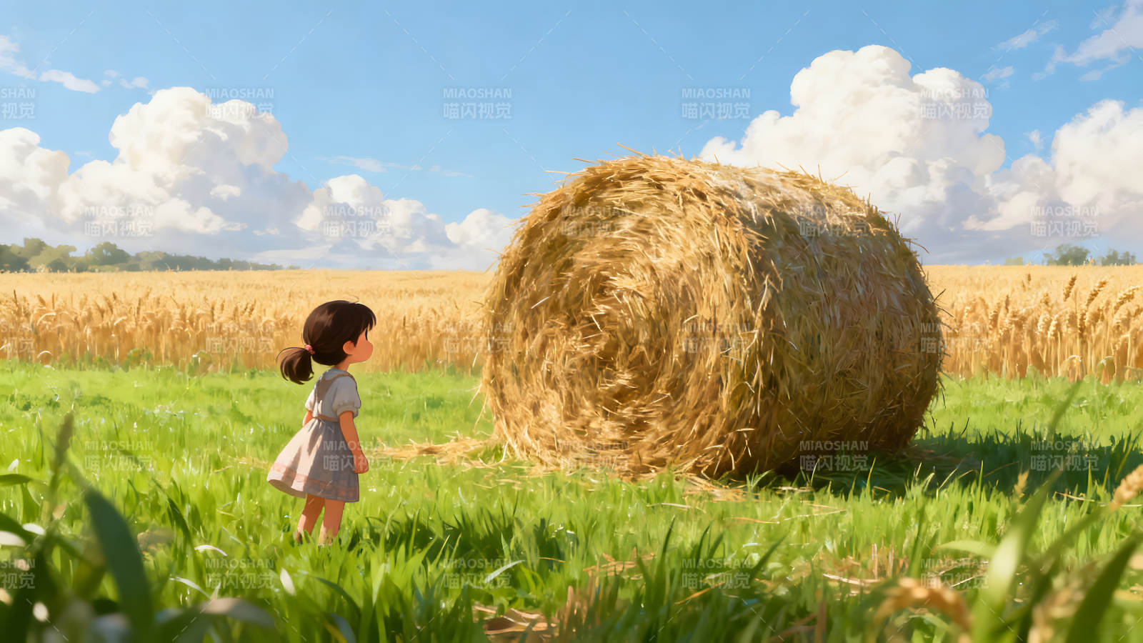 田野女孩觀望稻草垛-圖片