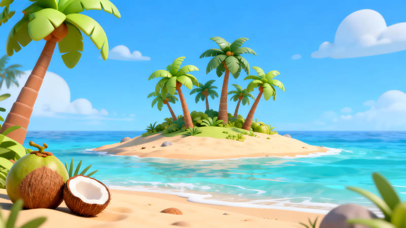 卡通小島椰樹海灘風景-圖片
