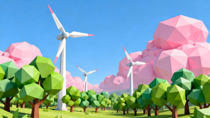 風(fēng)車森林粉色云朵藍(lán)天-圖片