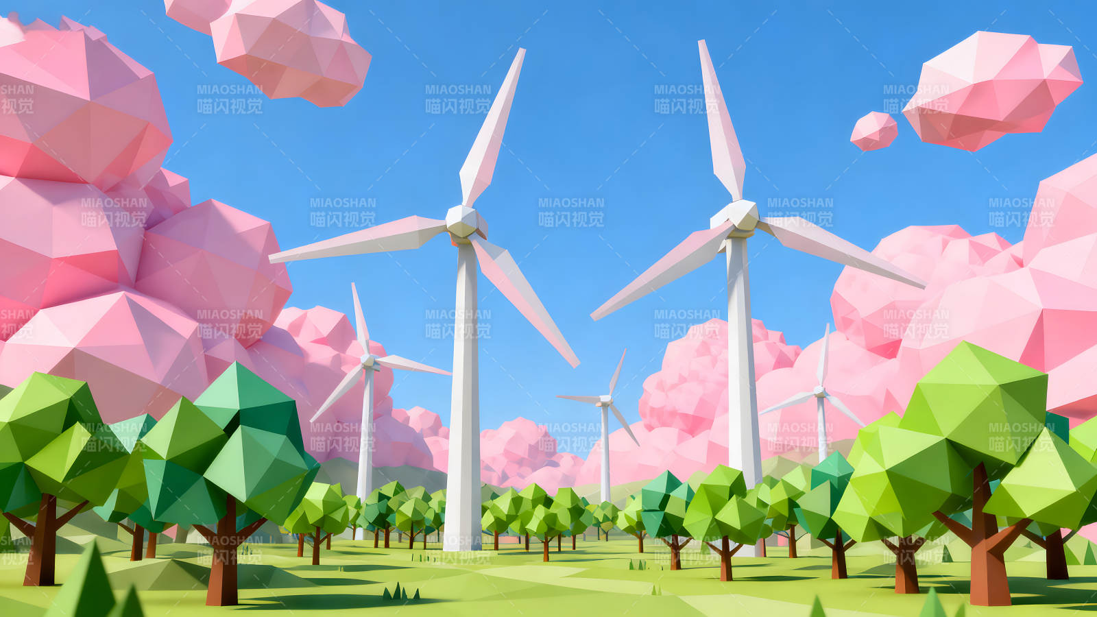 卡通風(fēng)力發(fā)電與粉色景觀-圖片