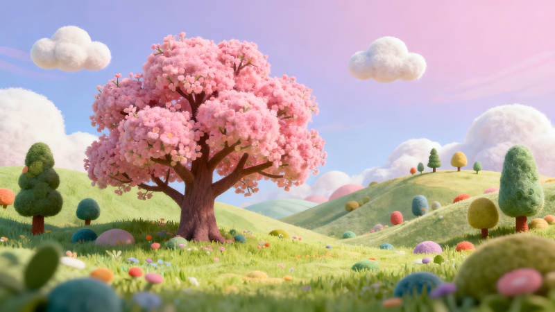 夢幻卡通風(fēng)景粉色櫻花樹-圖片