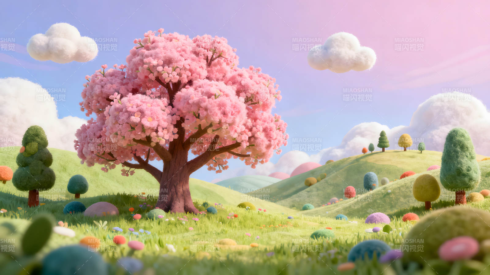 夢幻卡通風景粉色櫻花樹-圖片