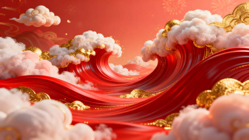 紅色的波浪云朵節日氛圍濃厚-圖片