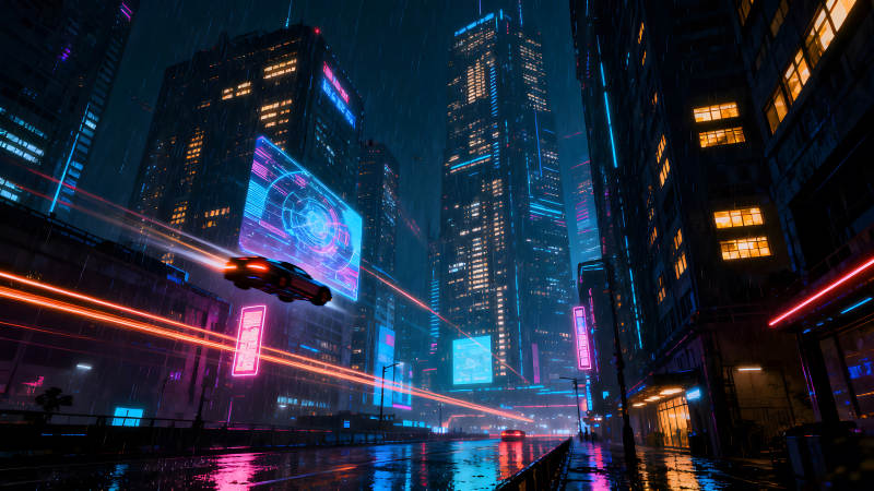 賽博朋克都市雨夜飛車-圖片