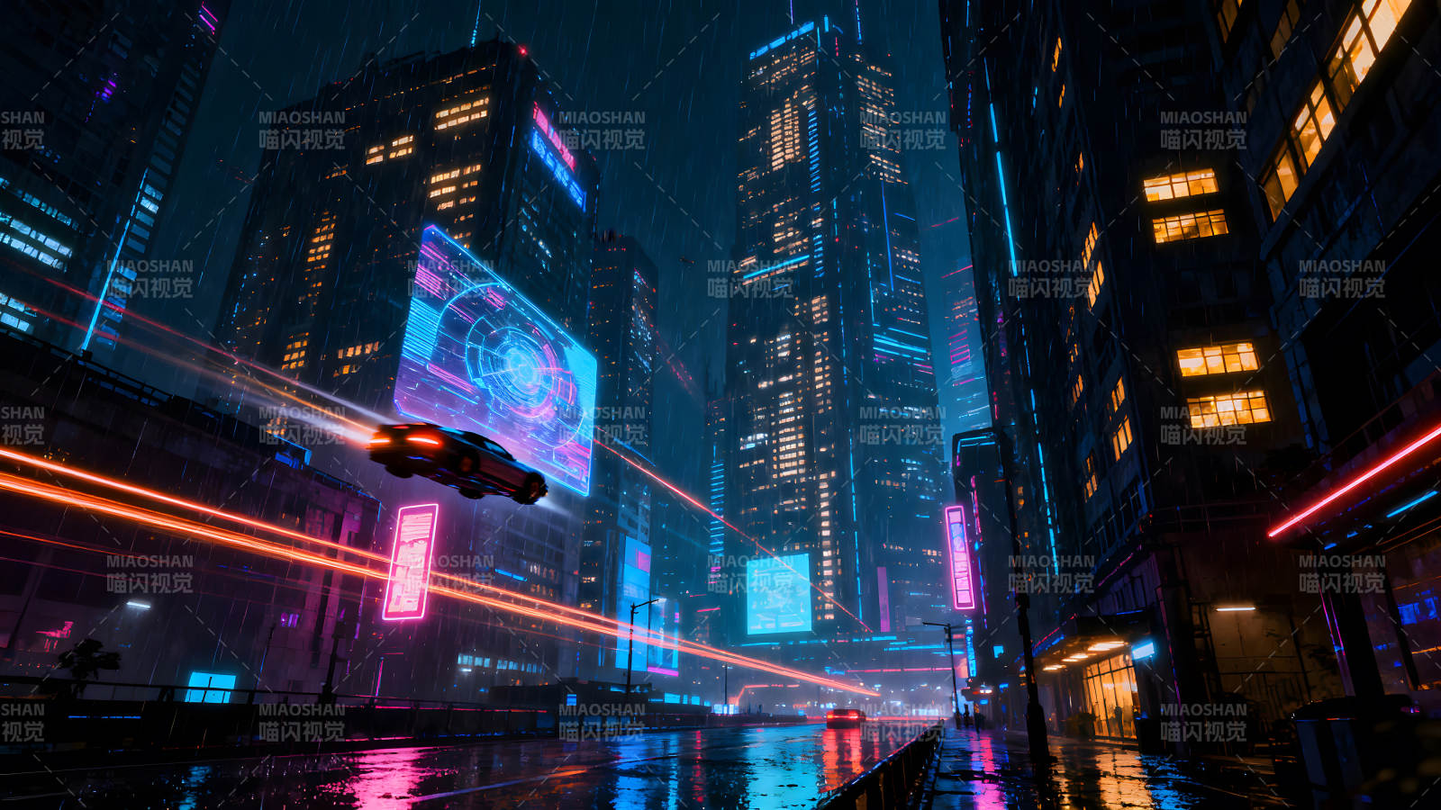 赛博朋克都市雨夜飞车-图片