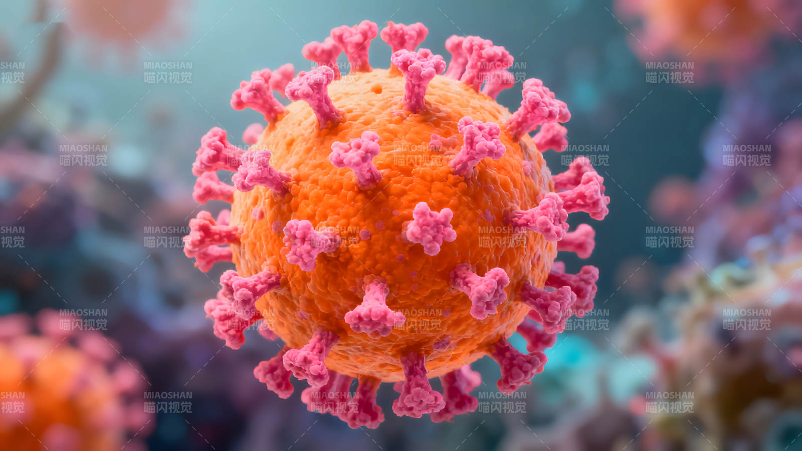 新冠病毒高清图示橙色球体粉色突刺结构-图片