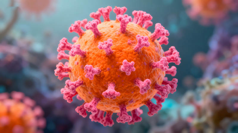 新冠病毒高清图示橙色球体粉色突刺结构-图片