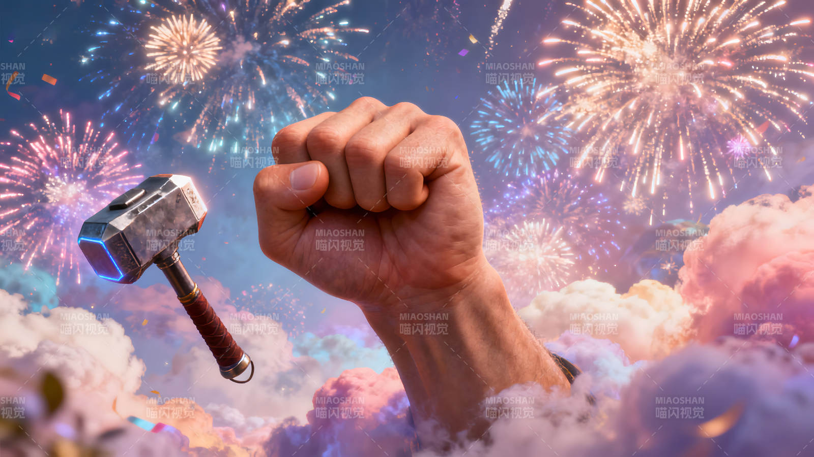雷神舉錘慶祝放煙花-圖片