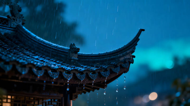 雨中亭檐水珠晶瑩氛圍感十足-圖片