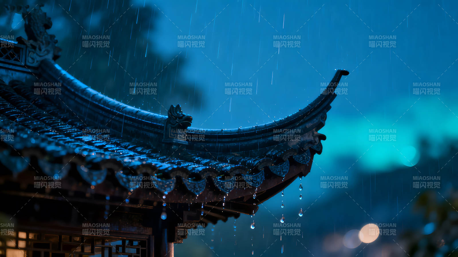 雨中亭檐水珠晶瑩氛圍感十足-圖片