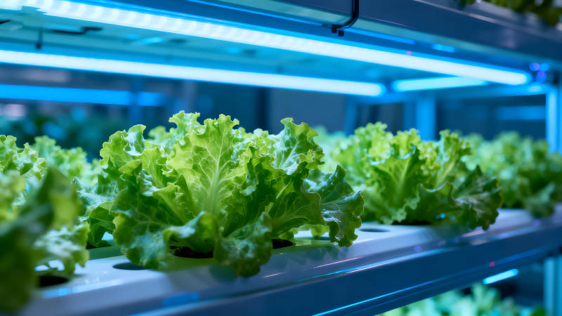 室内蔬菜种植蓝光照射下的生菜-图片