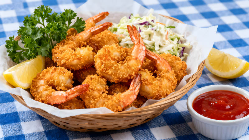 炸虾配炸虾酱和蔬菜沙拉-图片