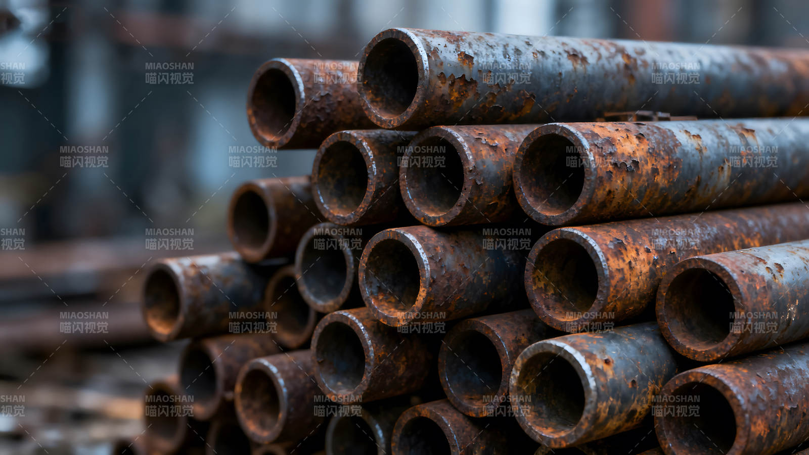 銹蝕鋼管堆疊特寫鏡頭-圖片