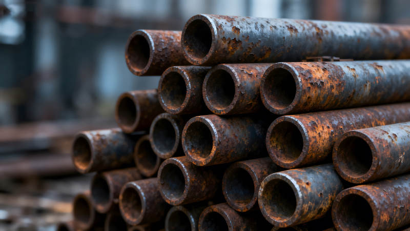 銹蝕鋼管堆疊特寫鏡頭-圖片