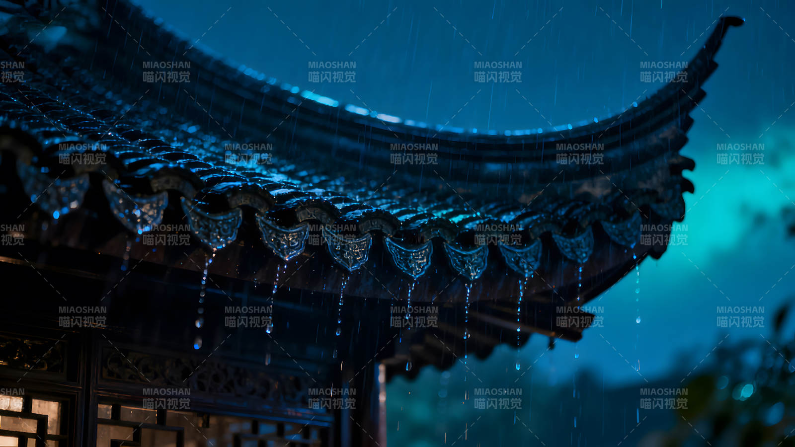 雨夜古建筑屋檐滴水景象-圖片