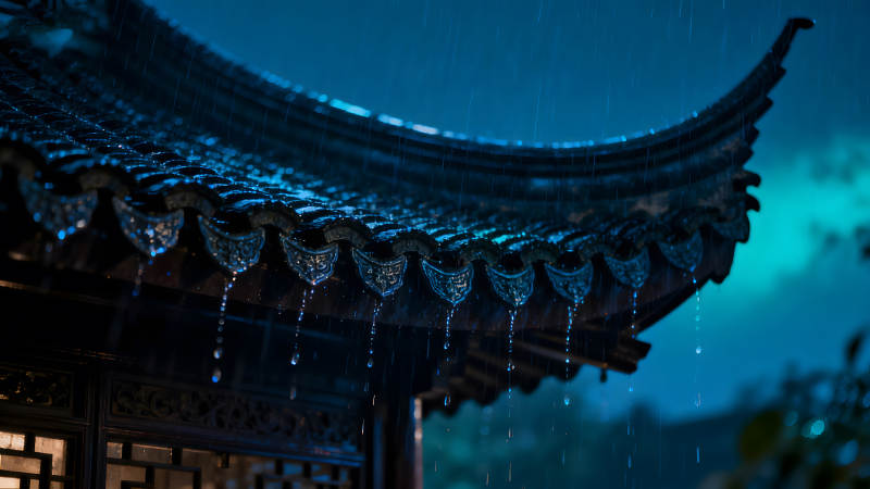 雨夜古建筑屋檐滴水景象-圖片