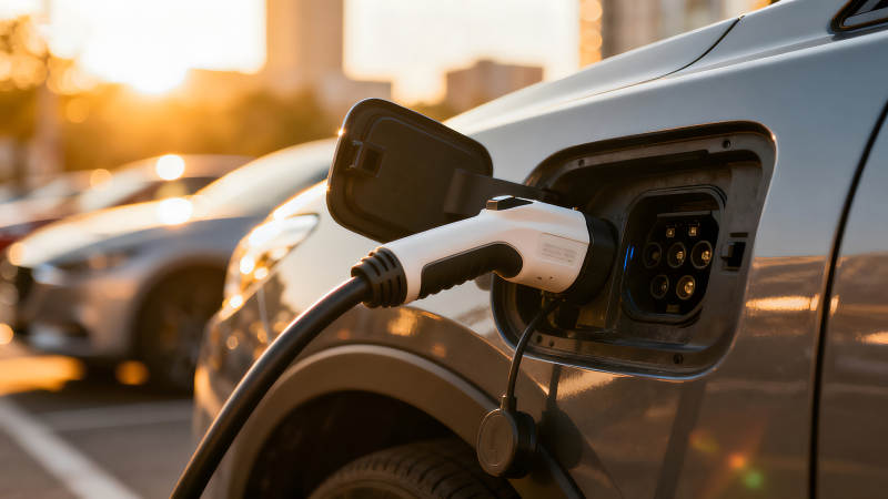 電動汽車充電特寫陽光明媚-圖片