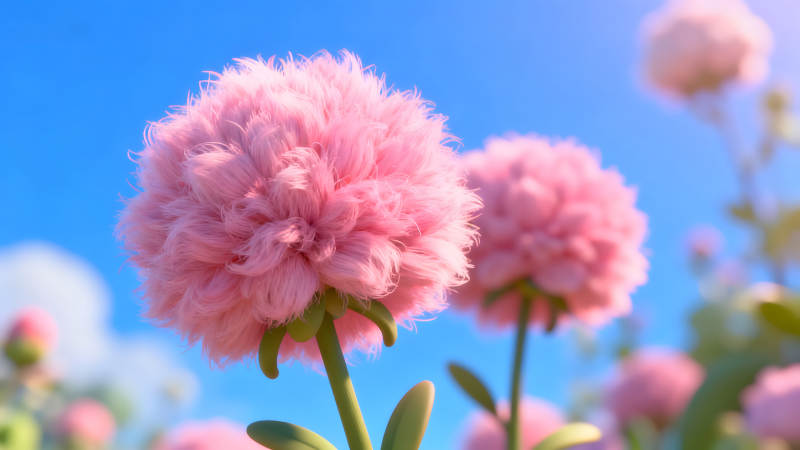 毛茸茸的粉色花朵在藍天襯托下盛開-圖片