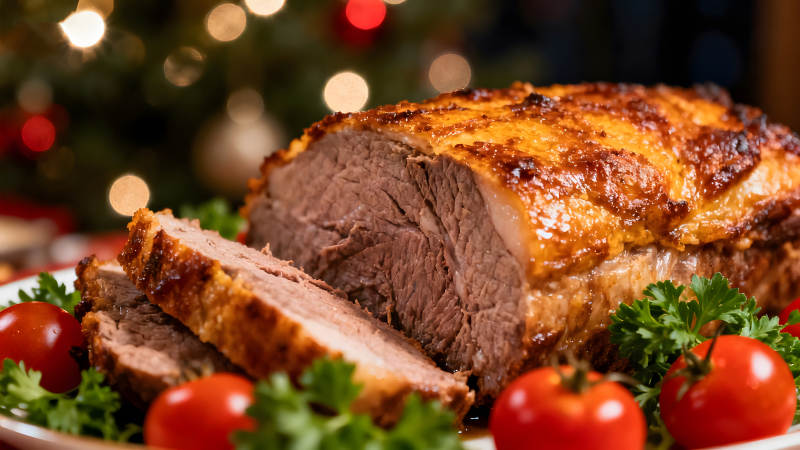 烤肉配番茄和香菜节日餐桌-图片