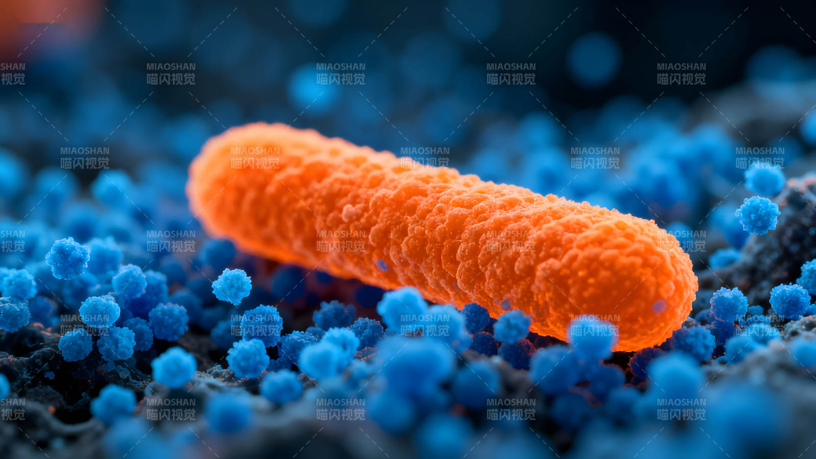 橙色细菌与蓝色微粒的微观景象-图片