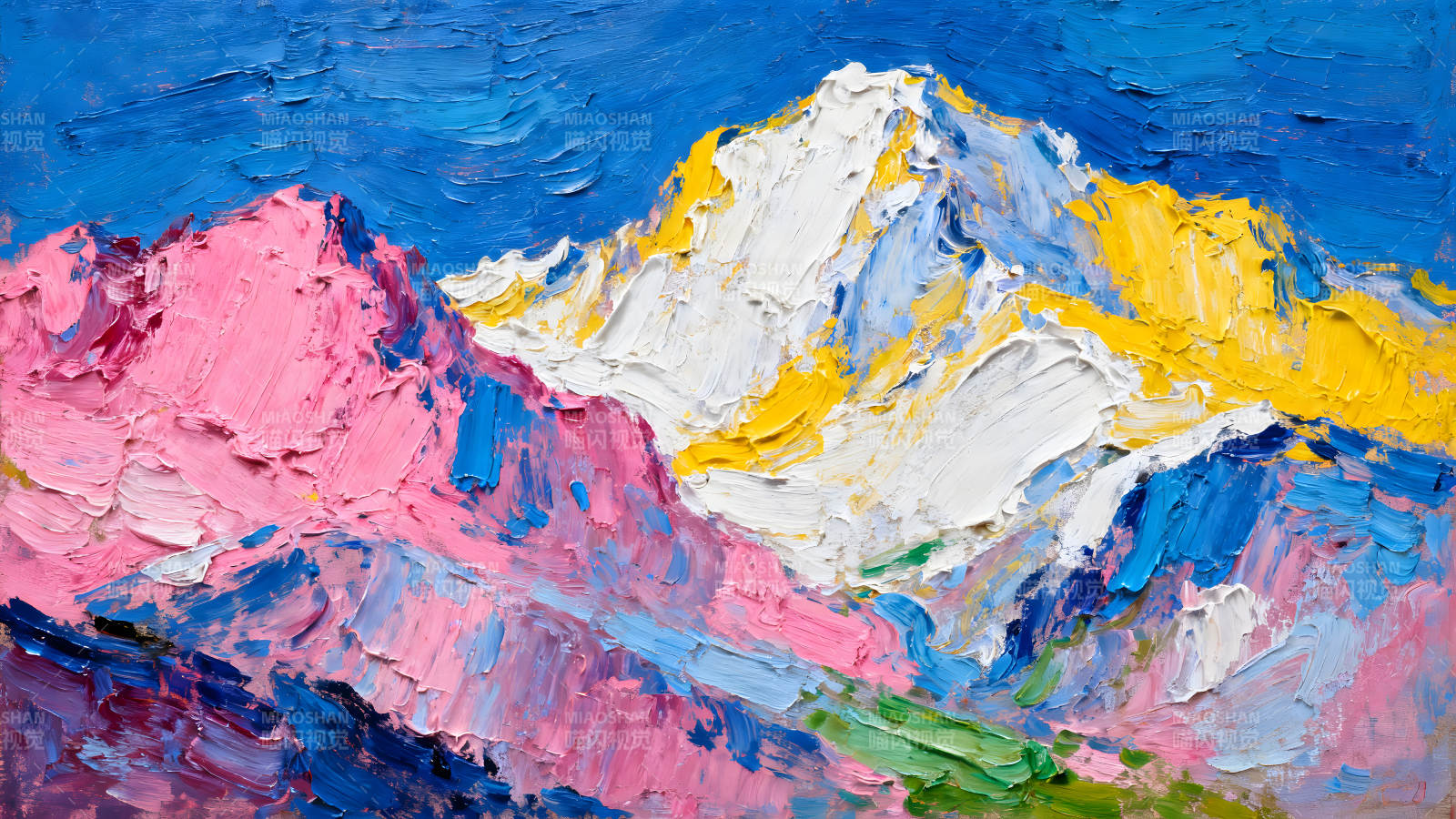鮮艷色彩的山峰油畫-圖片