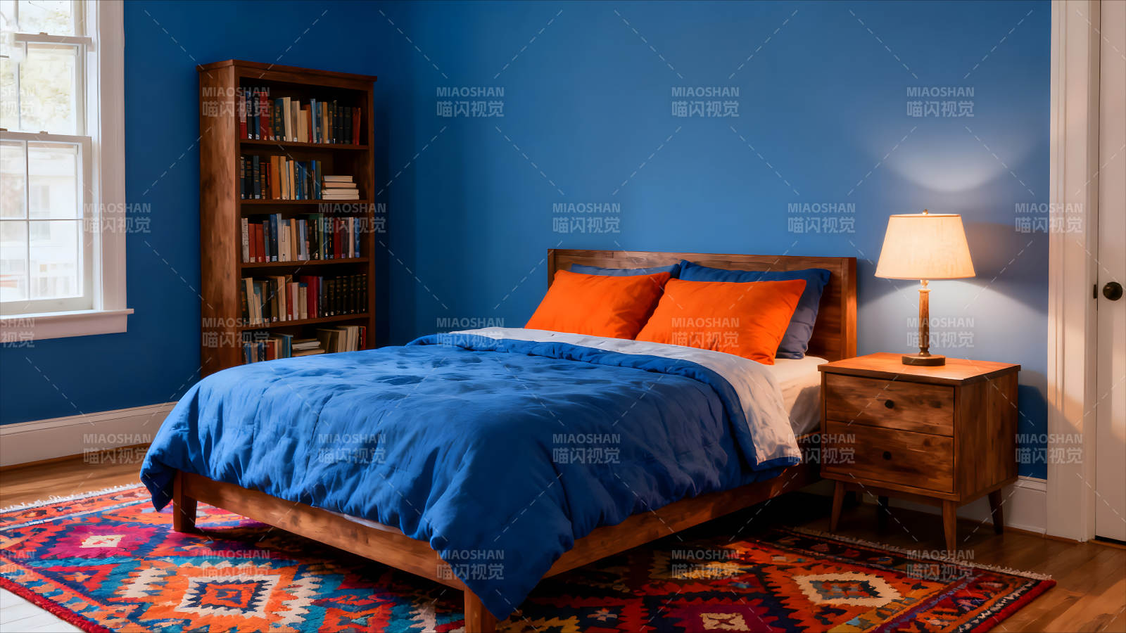 卧室里摆放着床和书籍-图片