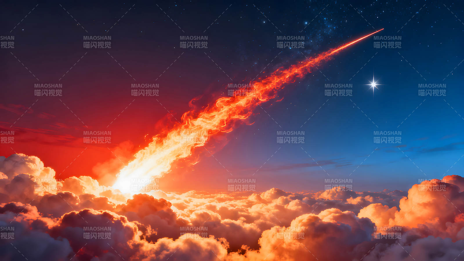 流星劃過夜空火光照亮云層-圖片