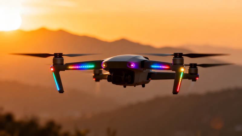 無人機在落日余暉中飛行-圖片