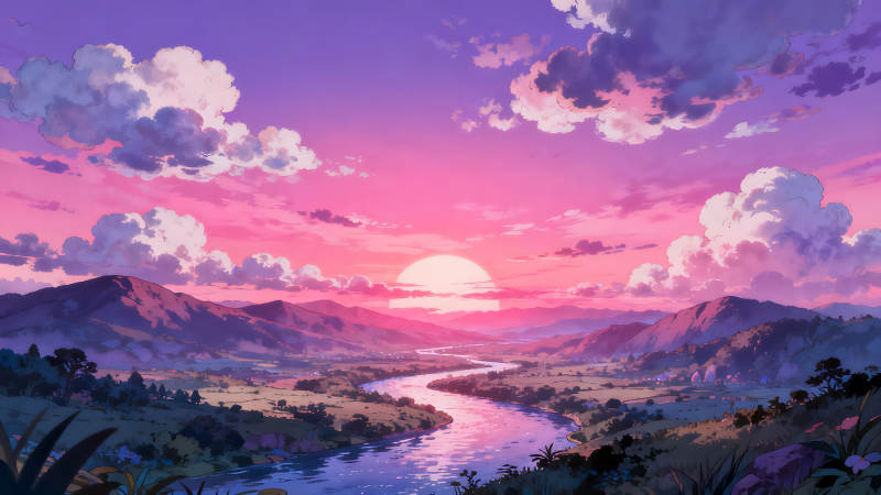 粉色夕陽下的山河美景-圖片