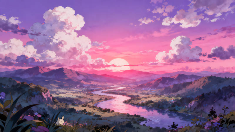 粉色夢幻風景唯美山河-圖片