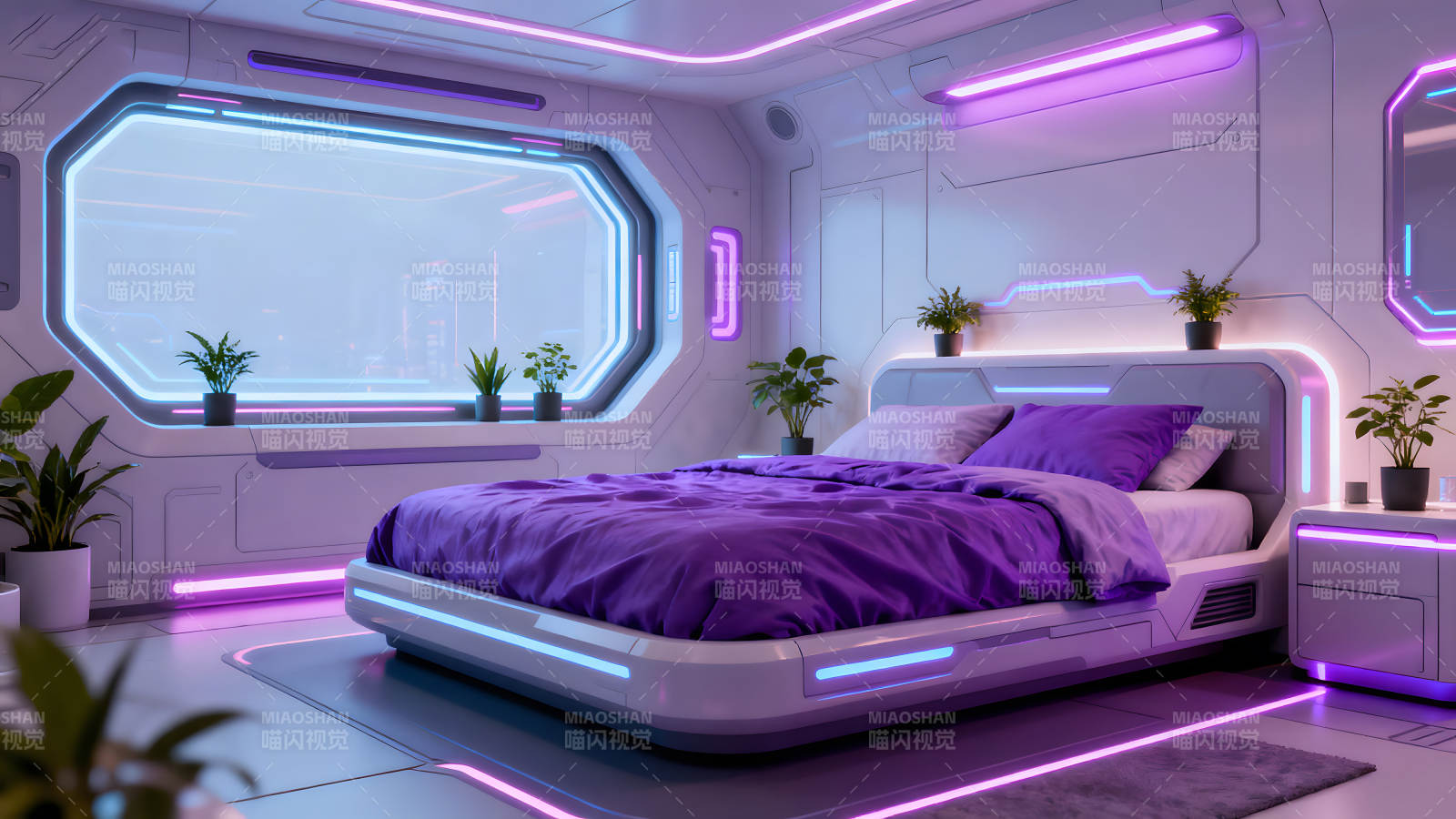 未來科幻臥室紫色夢幻-圖片