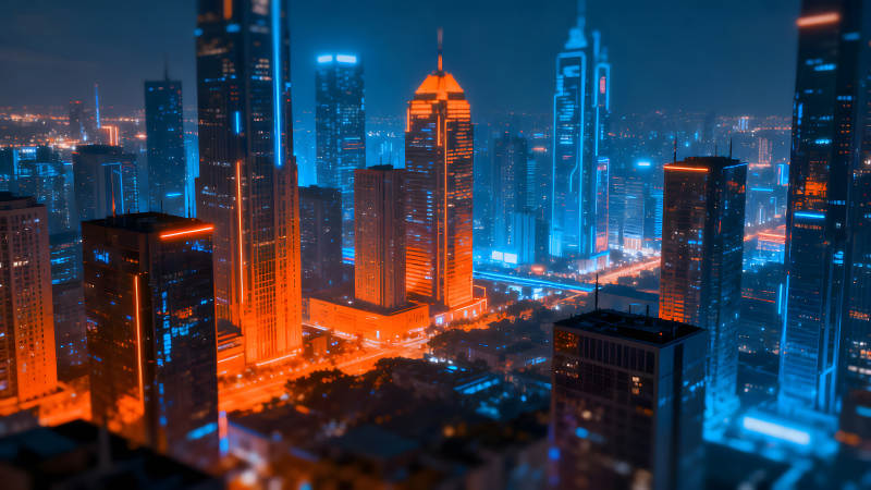 夜幕下霓虹燈閃爍的城市建筑群-圖片