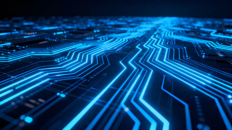 藍色電路板發光特效科技感十足-圖片